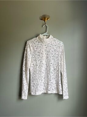 White House Black Market White Lace Long-Sleeve Mock Neck Blouse